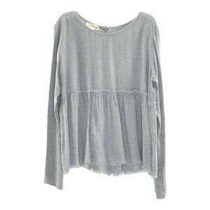 Cloth & Stone Peplum Top Empire Waist Raw Hem Button Back Gray Lagenlook L
